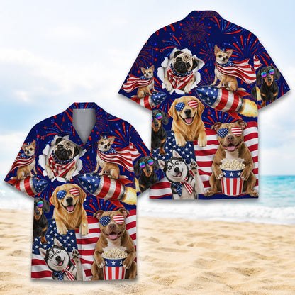 Front view of the matching family Fourth of July hawaiian shirt in navy, red, and white