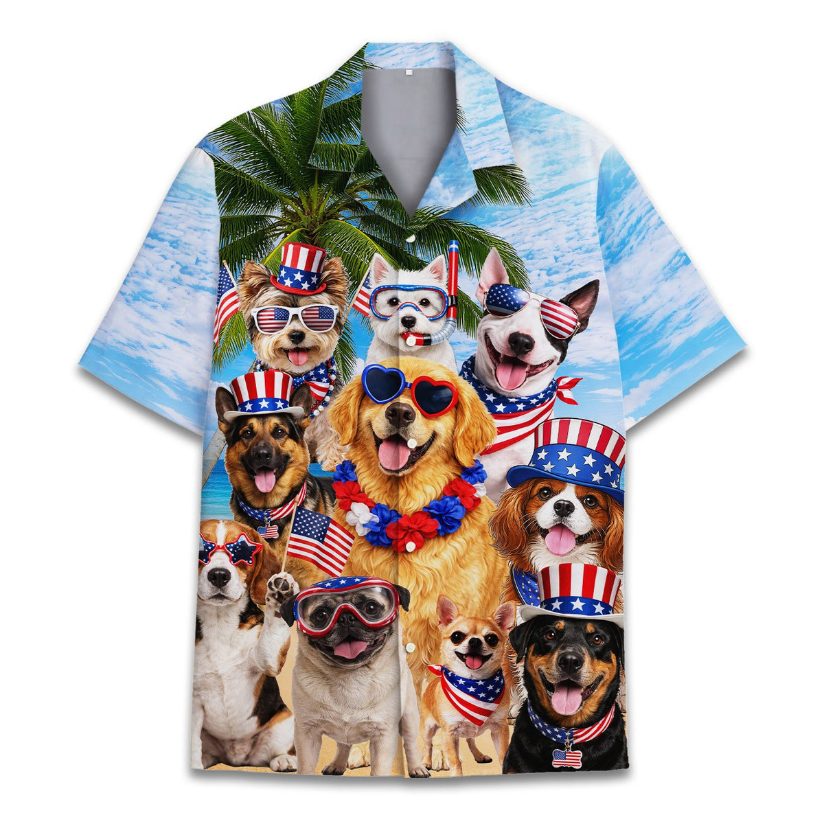 Matching family hawaiian shirt with patriotic dogs on a beach background, main view