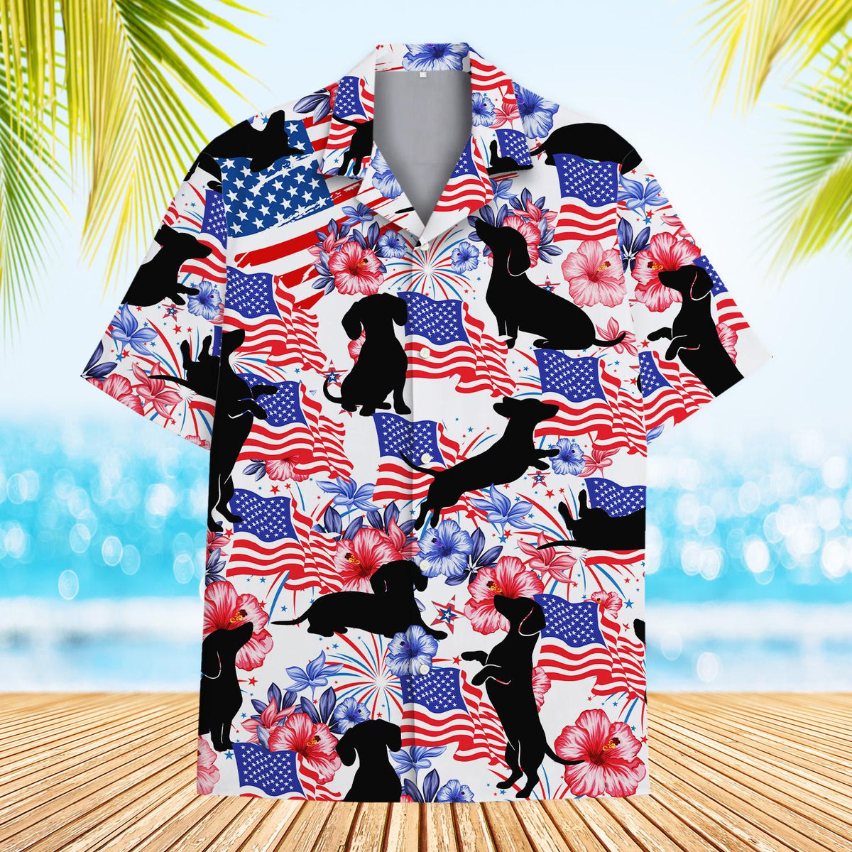 Front view of the white Fourth of July hawaiian shirt with patriotic print