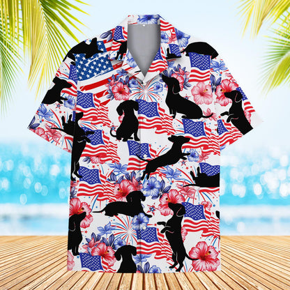 Main view of the patriotic dogs hawaiian shirt featuring dachshunds and flags