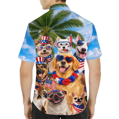 Person wearing matching family hawaiian shirt with patriotic dogs on a beach background, lifestyle front view