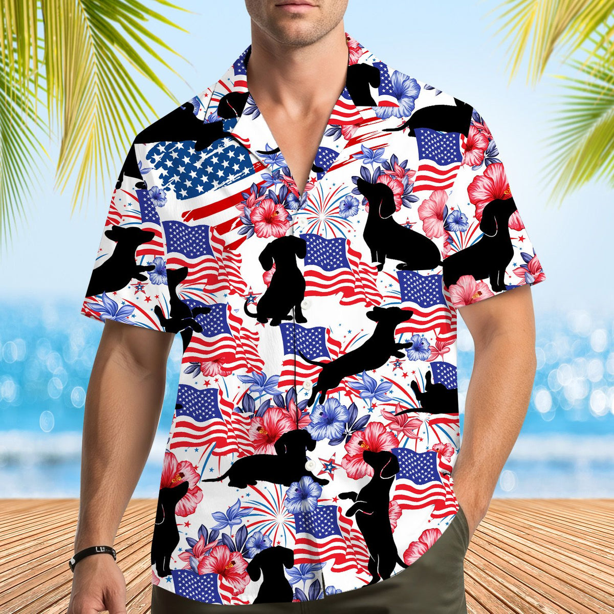 Second lifestyle view of the patriotic dogs hawaiian shirt in a festive setting
