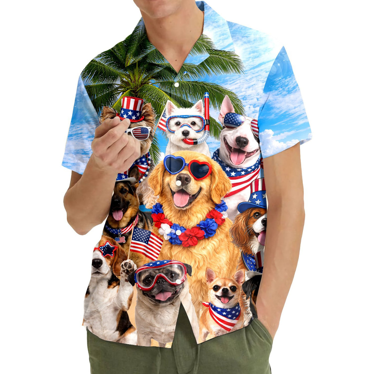Person wearing matching family hawaiian shirt with patriotic dogs on a beach background, lifestyle side view