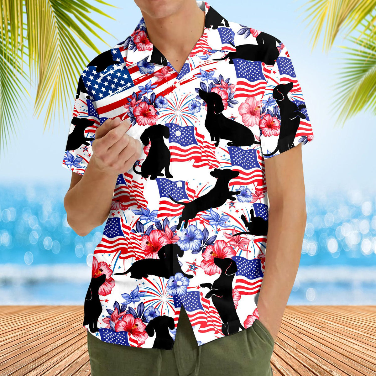 Fourth lifestyle view of the Fourth of July hawaiian shirt