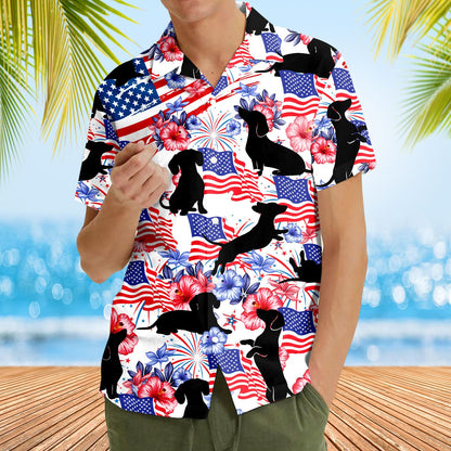 Fourth lifestyle view of the Fourth of July hawaiian shirt