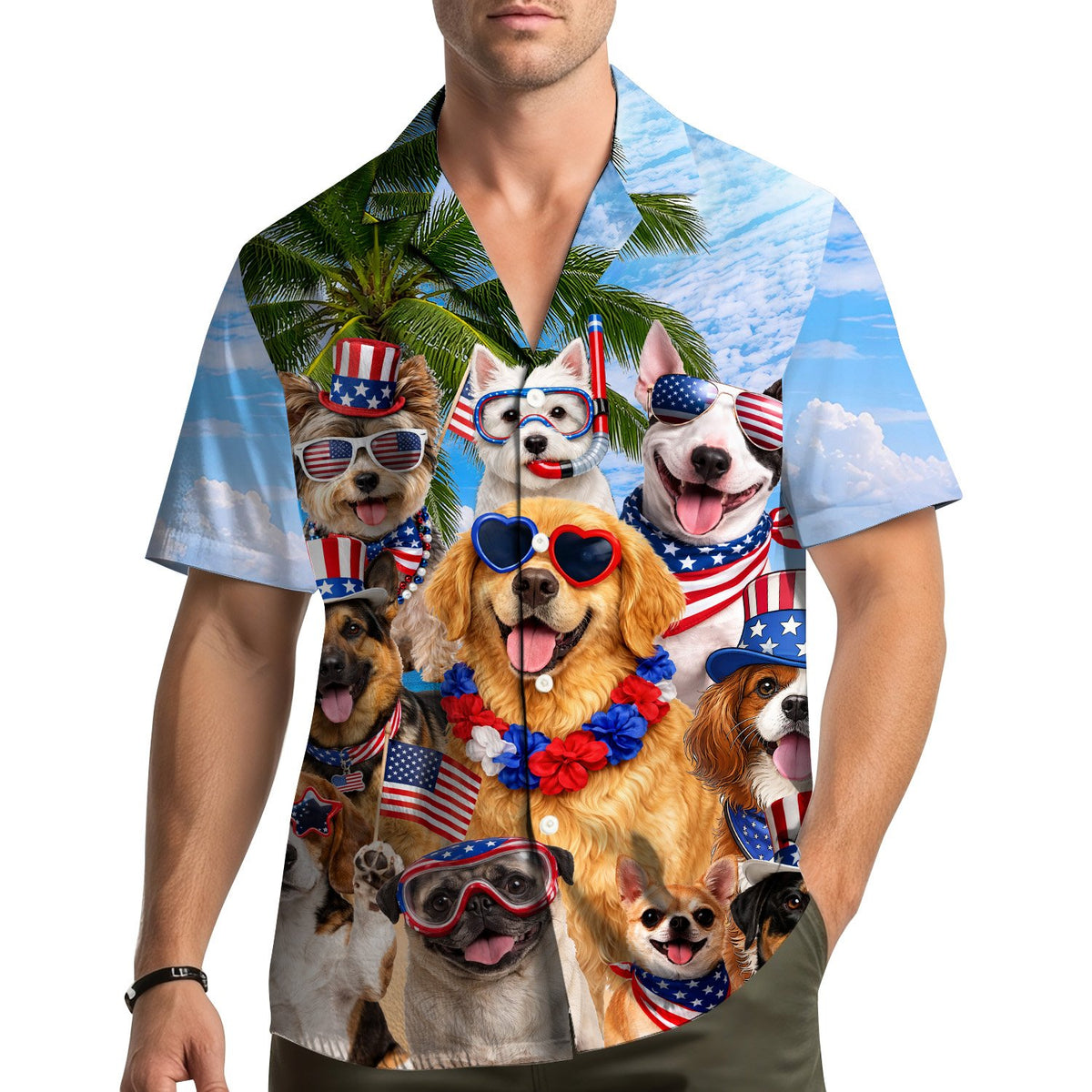 Person wearing matching family hawaiian shirt with patriotic dogs on a beach background, lifestyle view