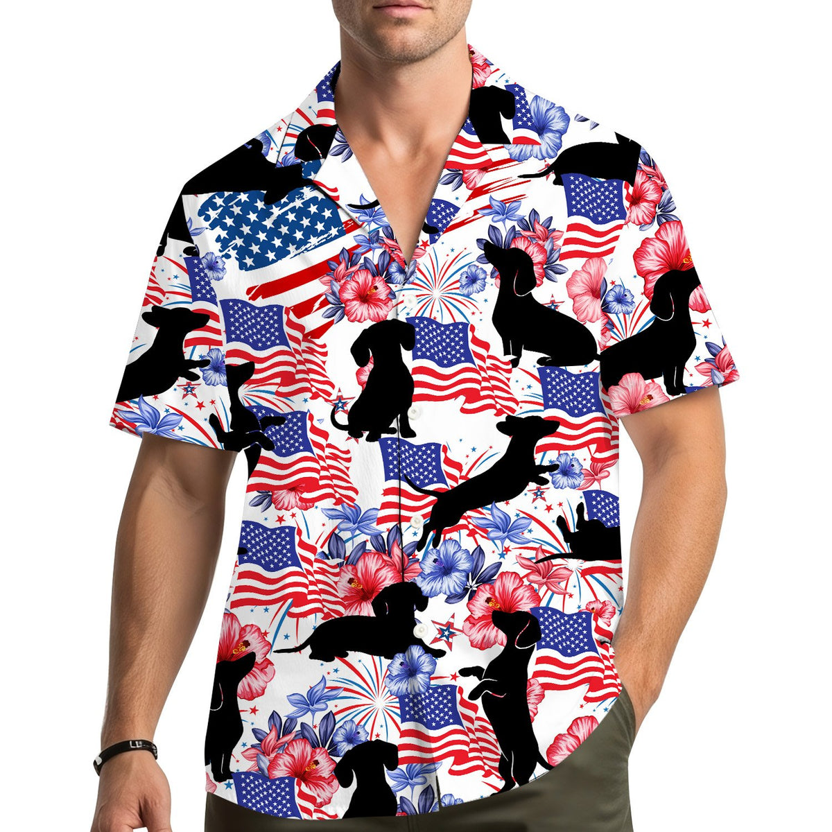Lifestyle view of a family wearing matching patriotic hawaiian shirts