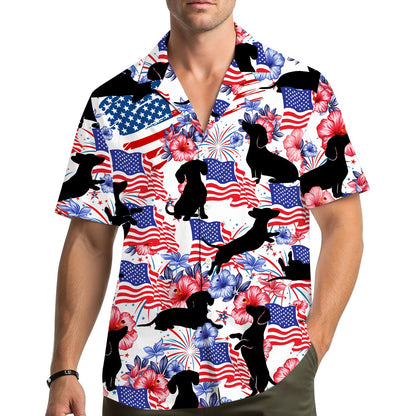 Lifestyle view of a family wearing matching patriotic hawaiian shirts
