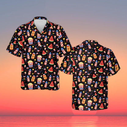 Patriotic doodle hawaiian shirt with black background, front view