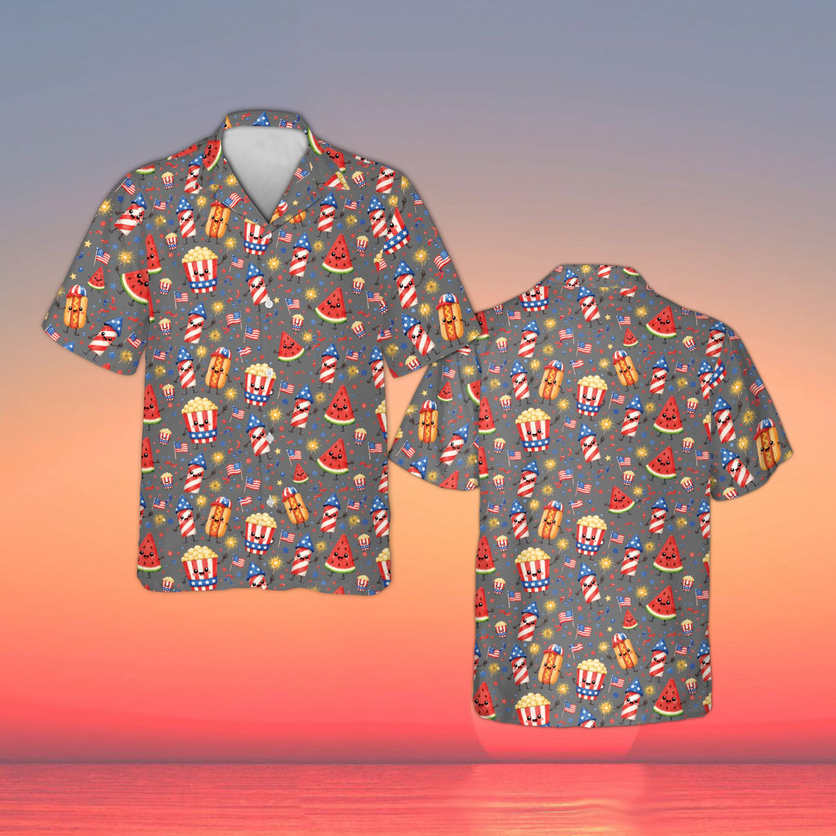Patriotic doodle hawaiian shirt with gray background, front view