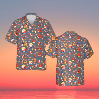 Patriotic doodle hawaiian shirt with gray background, front view
