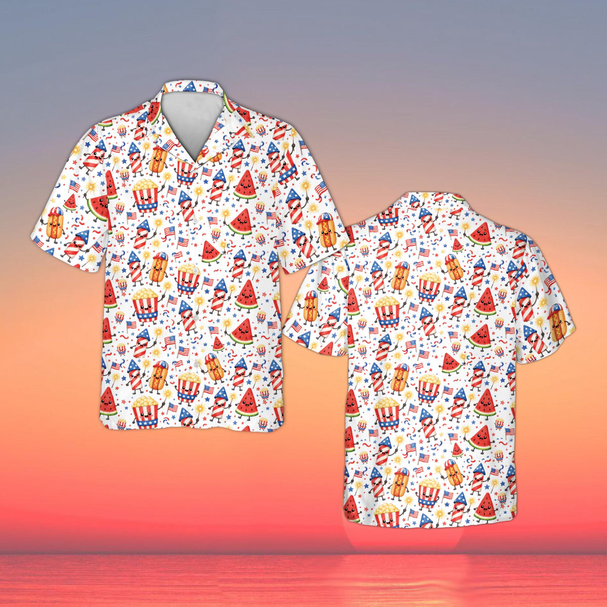 Patriotic doodle hawaiian shirt with white background, front view