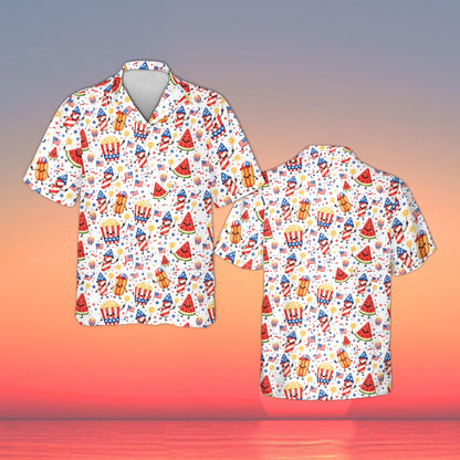 Patriotic doodle hawaiian shirt with white background, front view