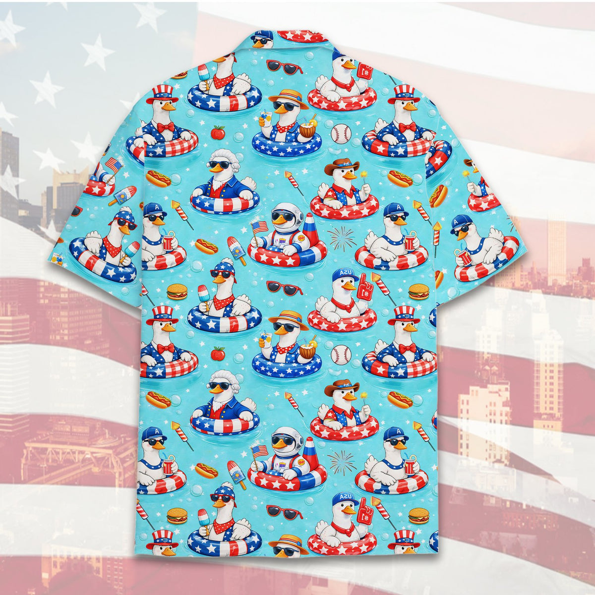 Matching family hawaiian shirts with patriotic cartoon ducks, second back view