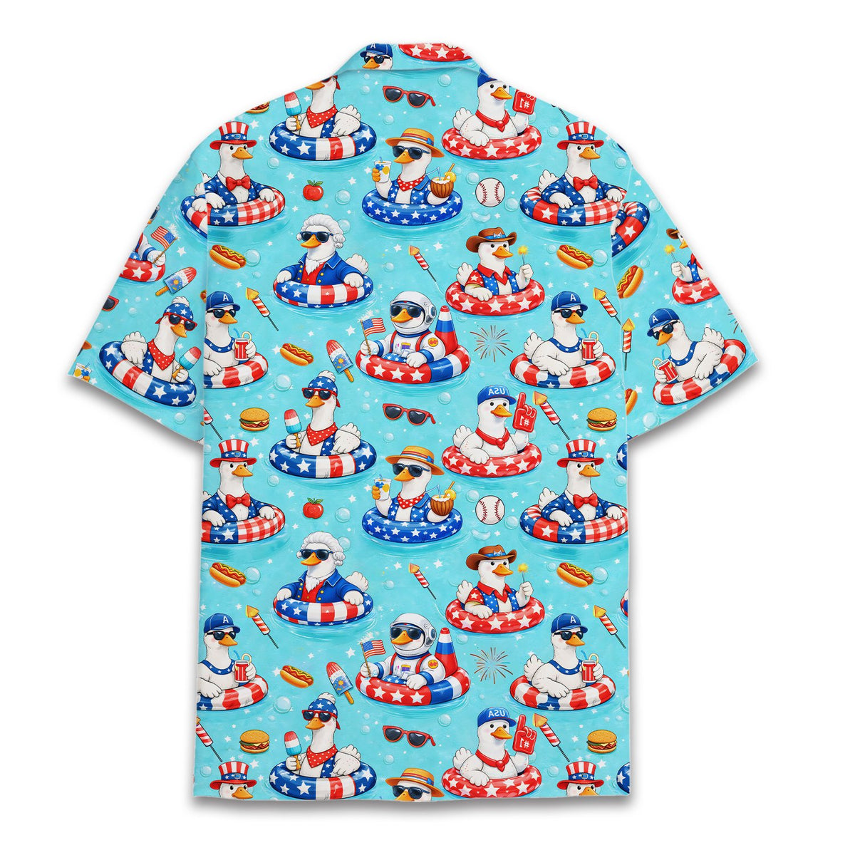 Matching family hawaiian shirts with patriotic cartoon ducks, back view