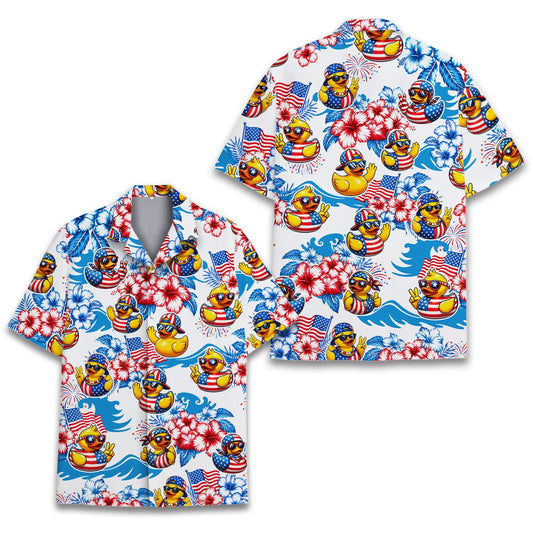 Matching family Hawaiian shirt with patriotic rubber duck design, front main view