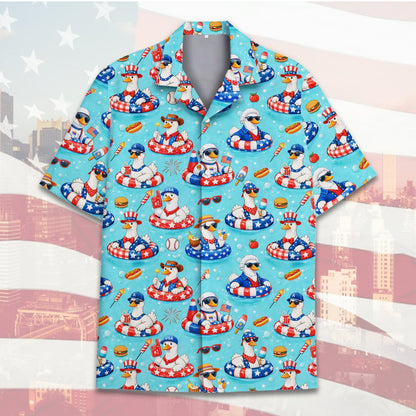 Matching family hawaiian shirts with patriotic cartoon ducks, main view
