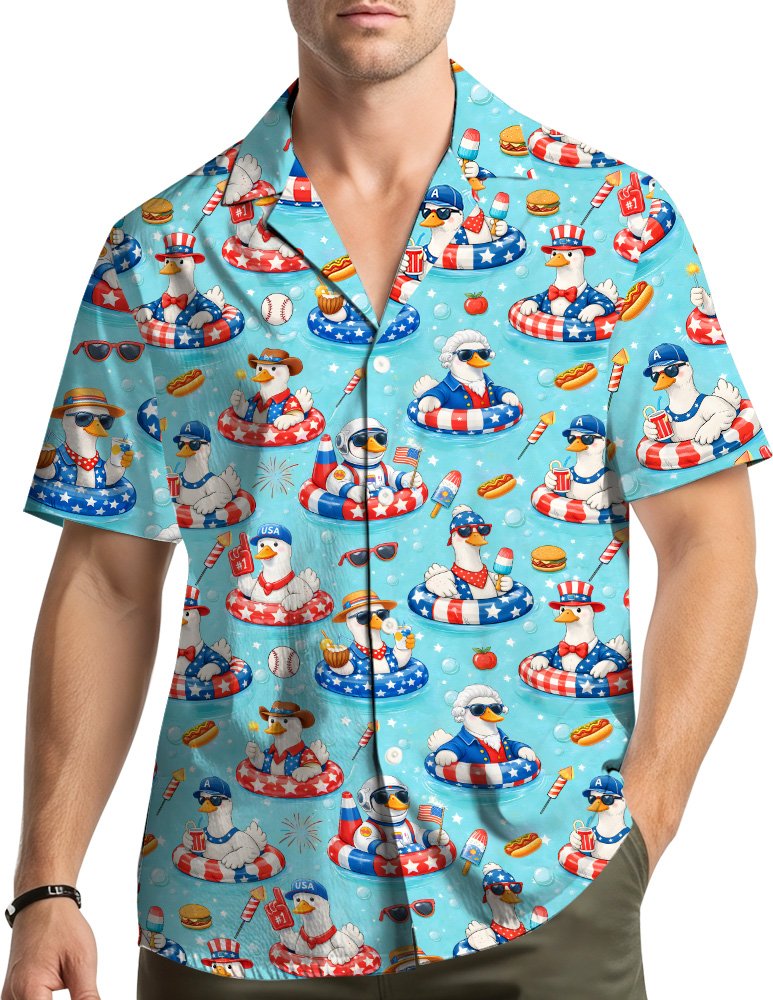 Matching family hawaiian shirts with patriotic cartoon ducks, lifestyle view