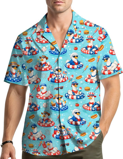 Matching family hawaiian shirts with patriotic cartoon ducks, lifestyle view
