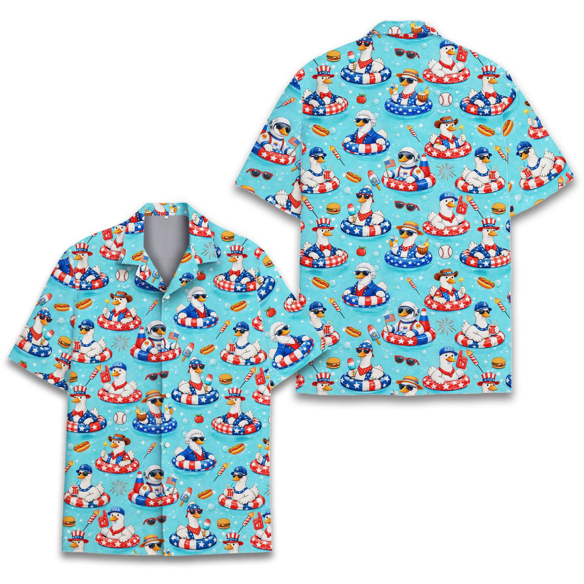Matching family hawaiian shirts with patriotic cartoon ducks, alternative view