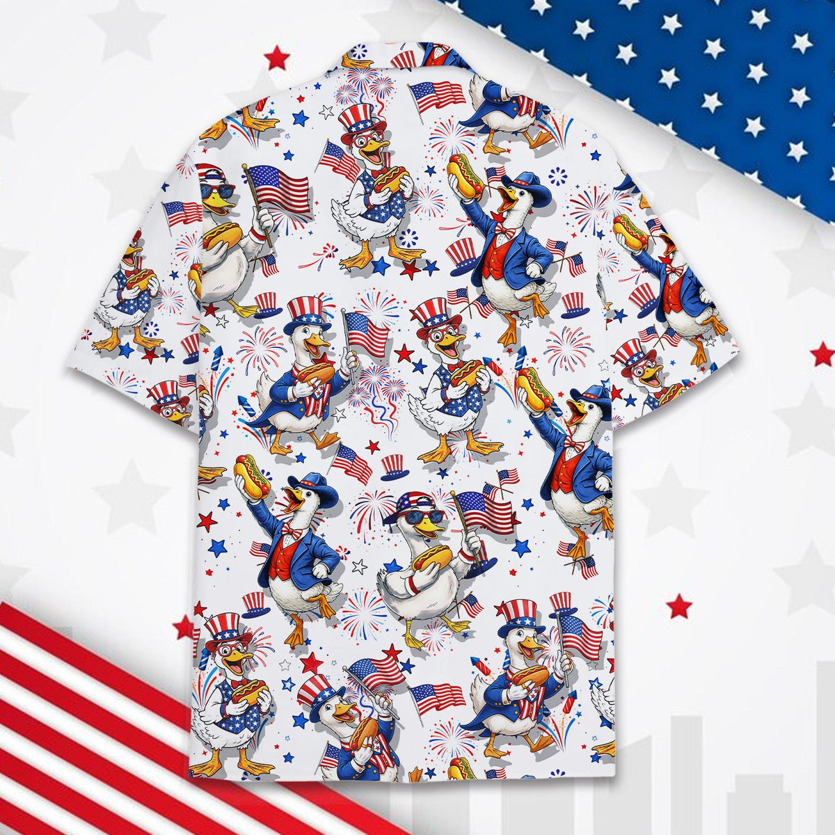 Close up back view of the patriotic patterned hawaiian shirt