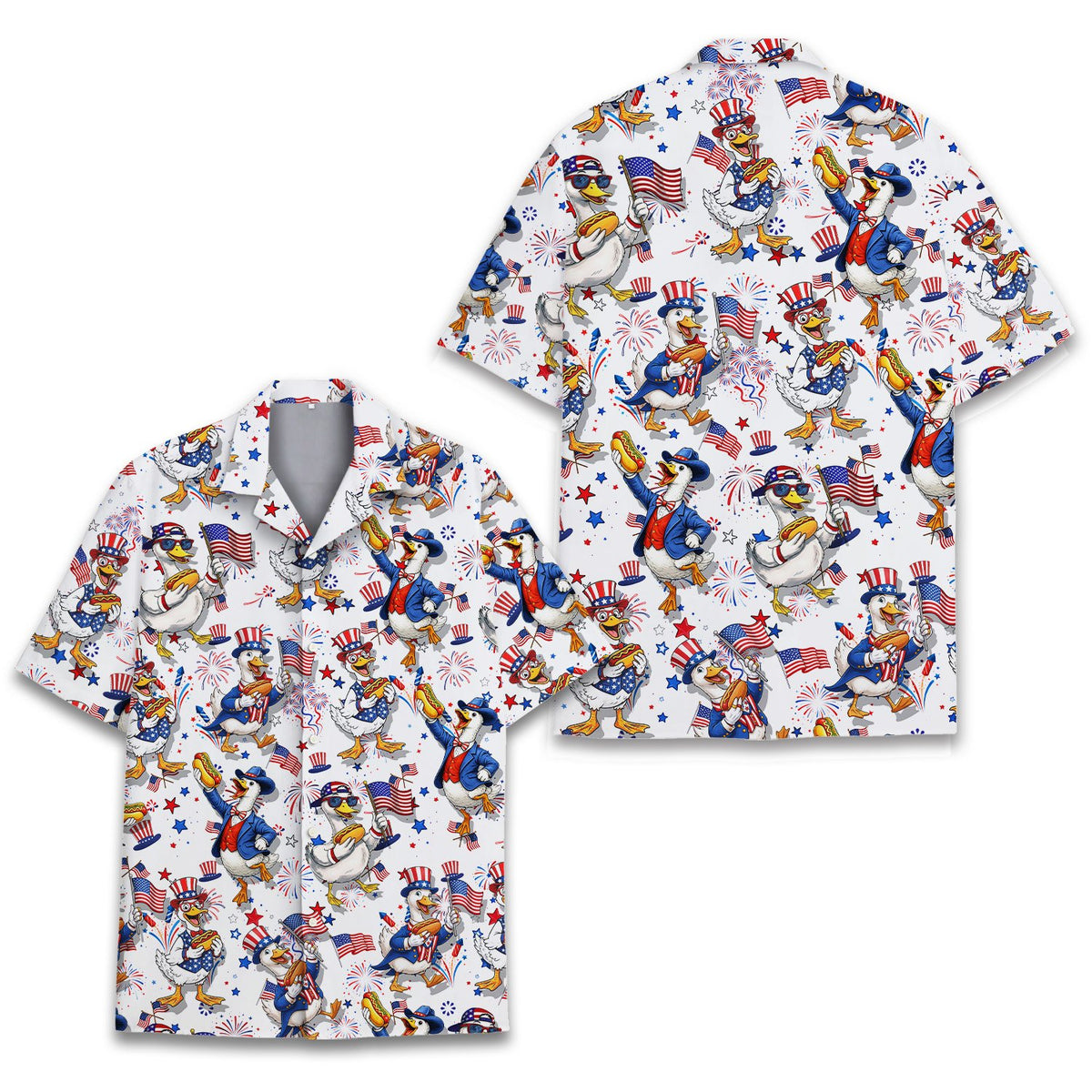 Back view of the matching family hawaiian shirt featuring cartoon ducks with American flags