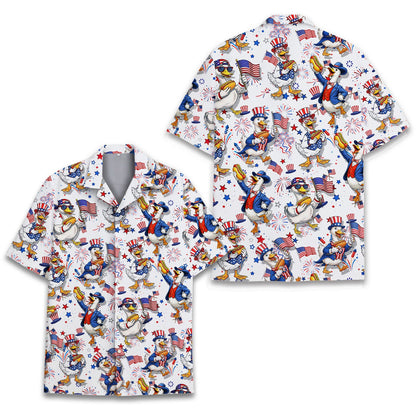Back view of the matching family hawaiian shirt featuring cartoon ducks with American flags
