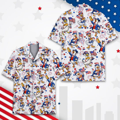 Close up front view of the patriotic duck and fireworks pattern on the hawaiian shirt