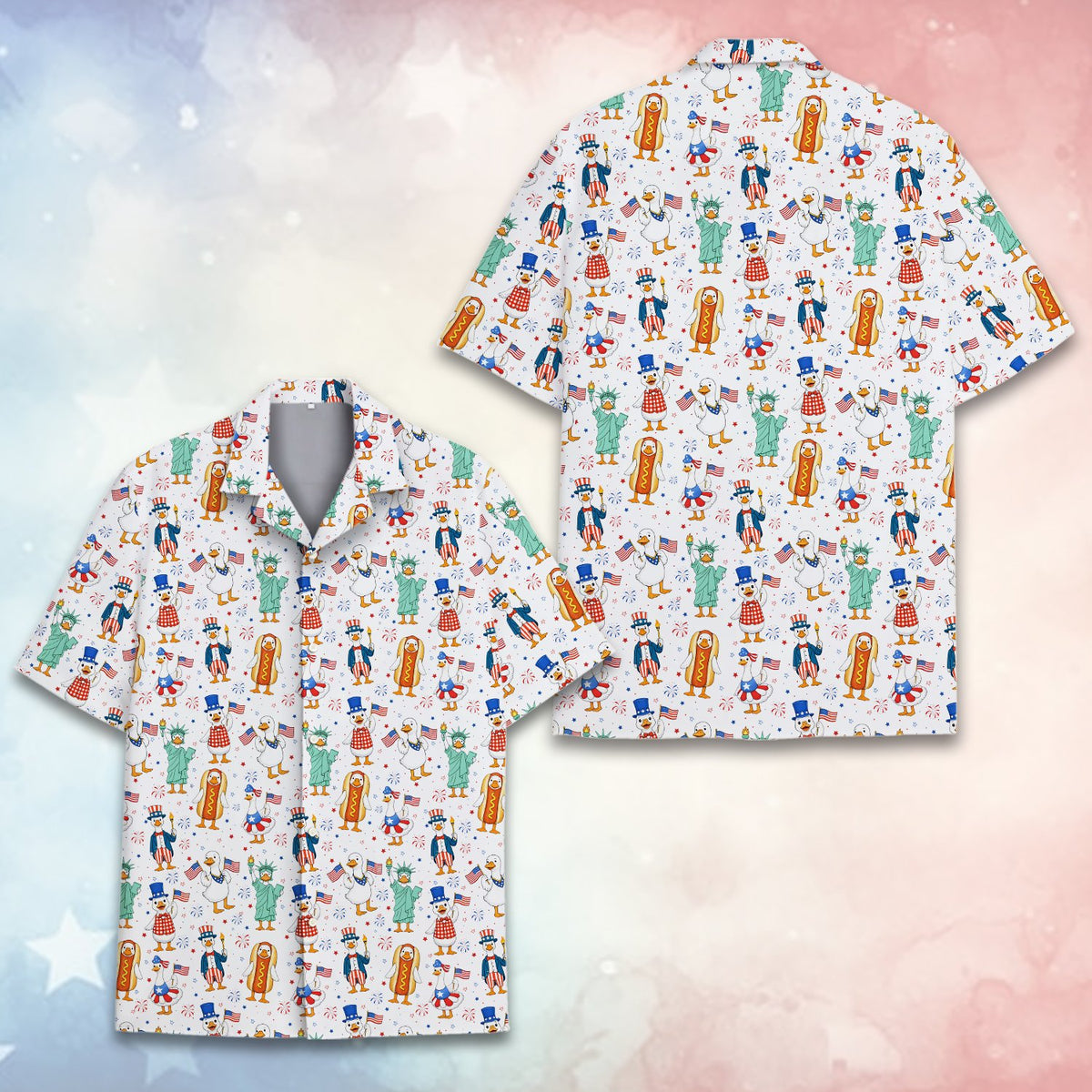 Matching family Hawaiian shirt with patriotic print, alternate front view