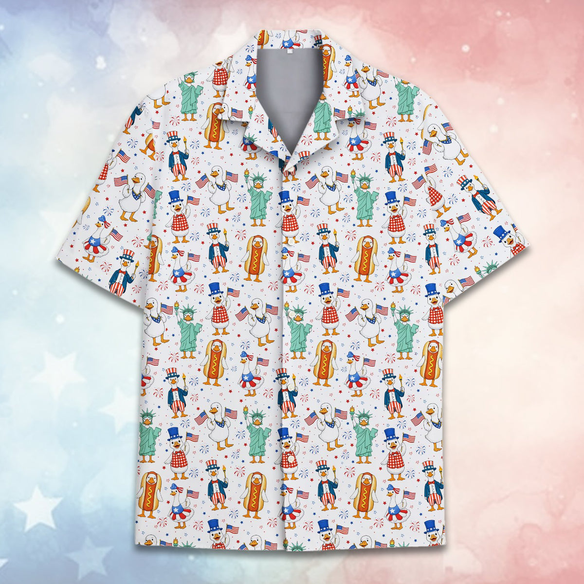Matching family Hawaiian shirt with patriotic print, close-up front view
