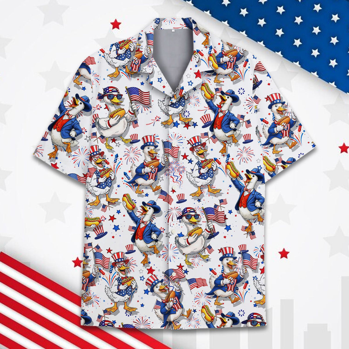Matching family hawaiian shirts with a patriotic duck print on a white background, main view