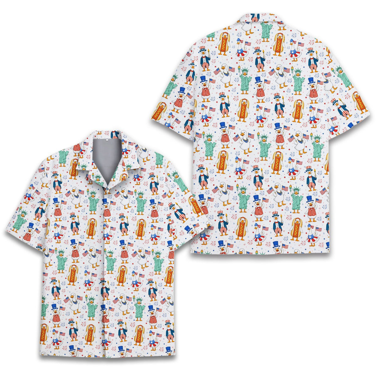 Matching family Hawaiian shirt with patriotic print, front view
