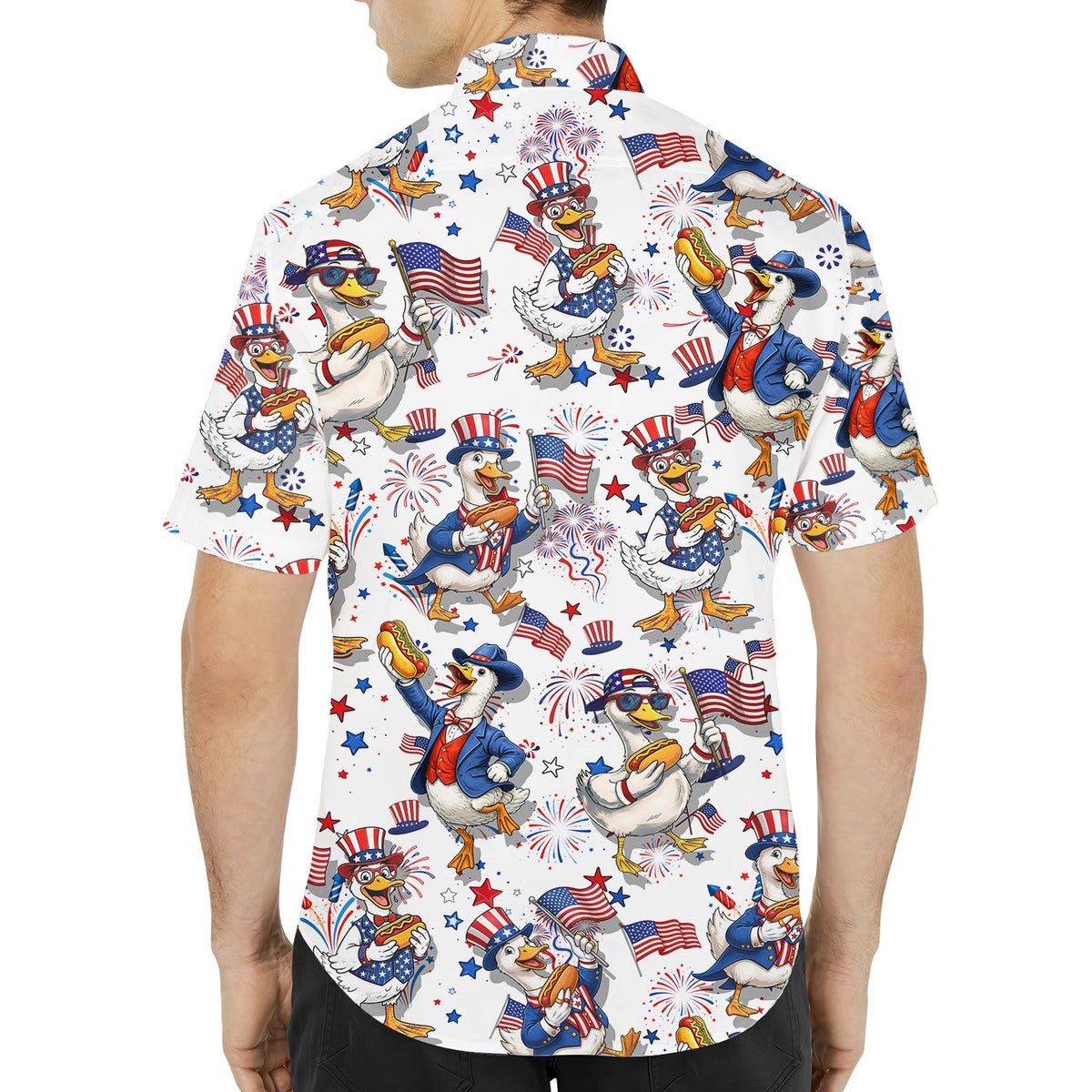 Second lifestyle view showcasing the festive Fourth of July hawaiian shirt