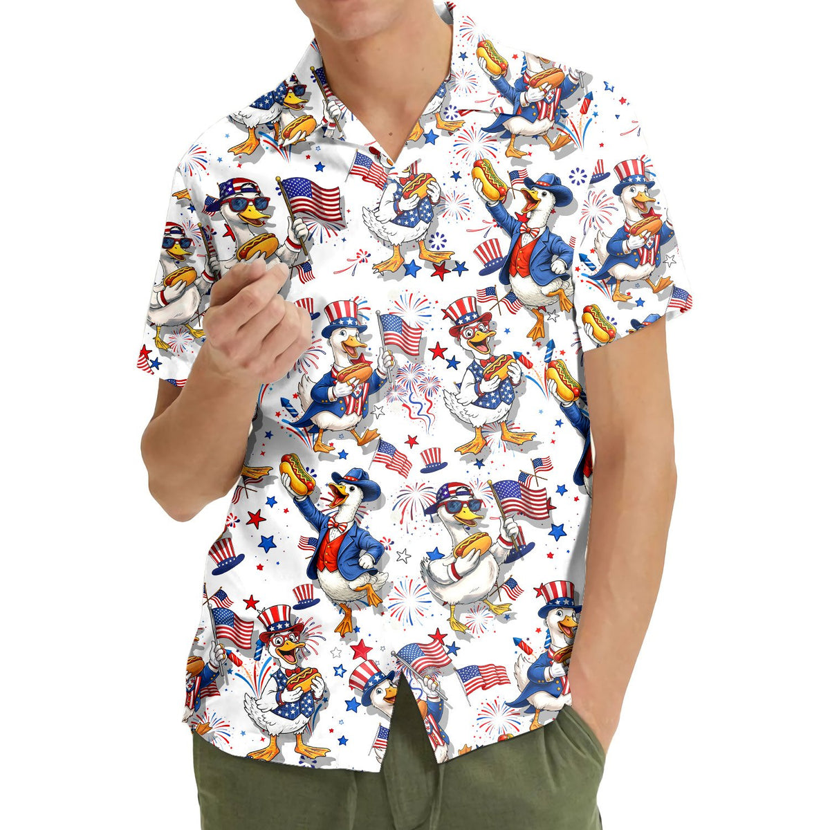 Lifestyle view of someone wearing the matching family hawaiian shirt with duck print