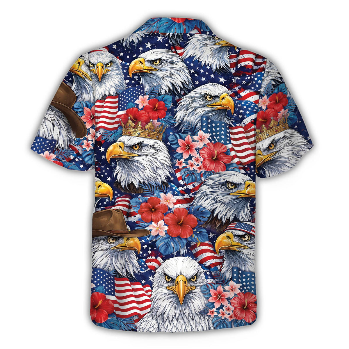 Back view of the matching family hawaiian shirt with patriotic eagle design