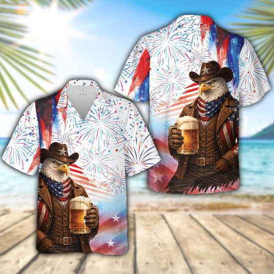 Matching family hawaiian shirts featuring a patriotic eagle with a cowboy hat and beer mug over red, white, and blue fireworks
