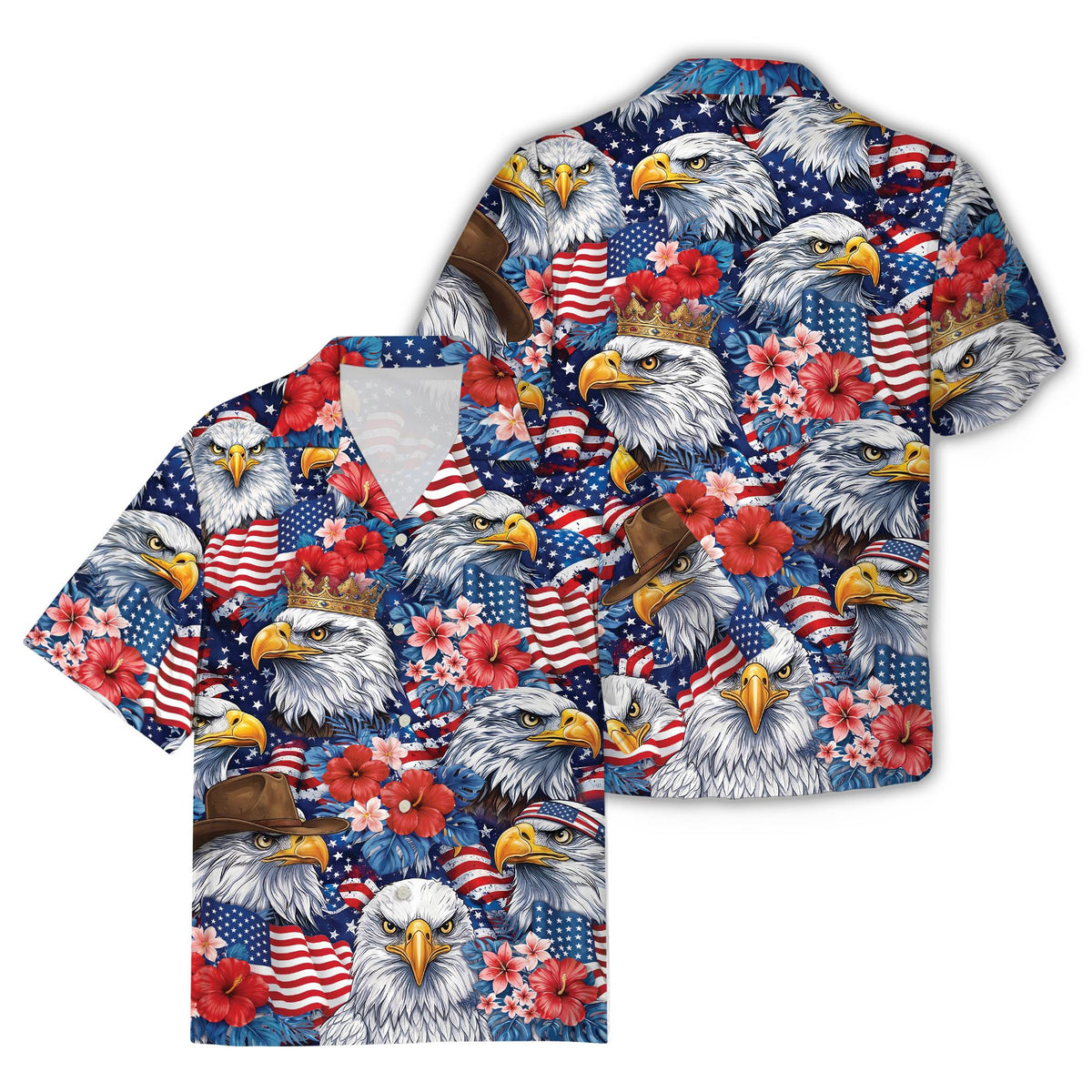 Patriotic eagle hawaiian shirt on a navy blue background with stars, front view