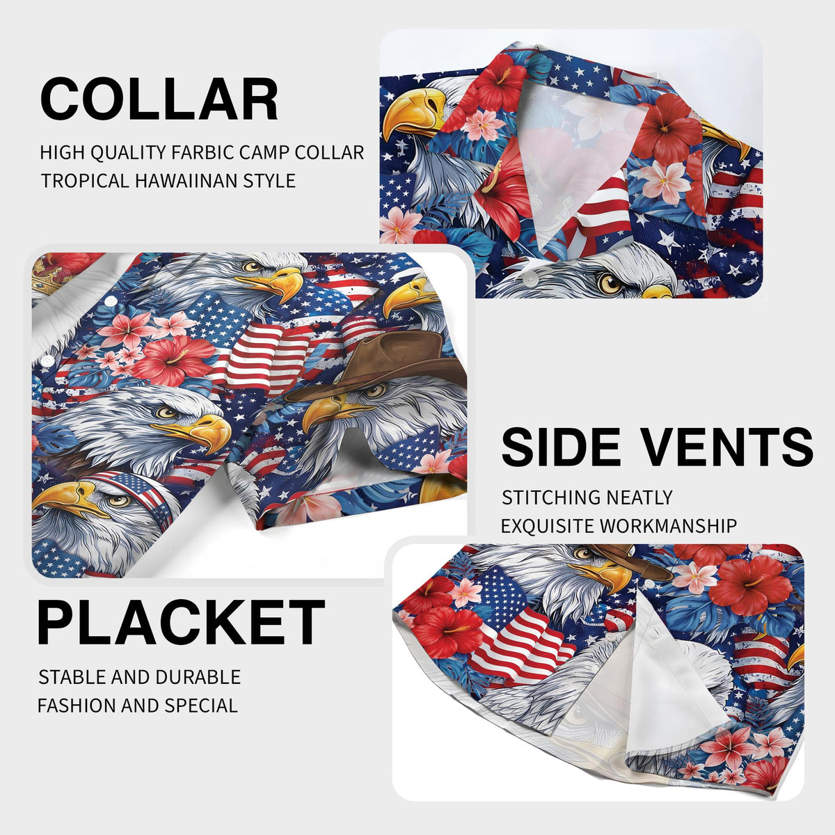 Close up view of the fabric and print on the patriotic hawaiian shirt