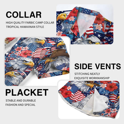 Close up view of the fabric and print on the patriotic hawaiian shirt