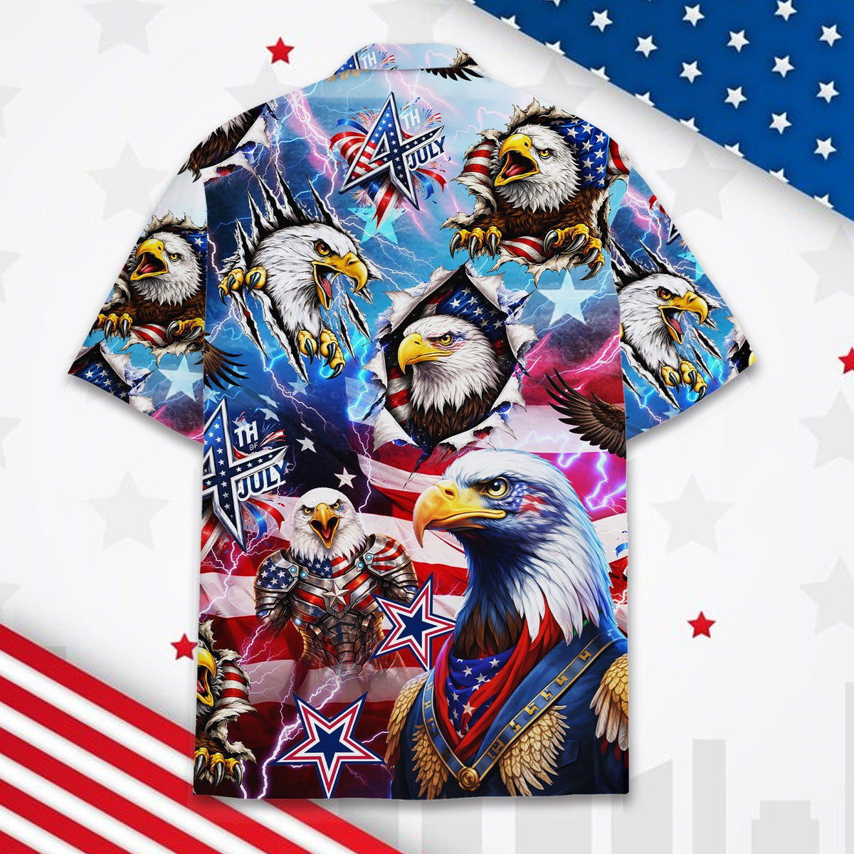 Matching family patriotic bald eagle Hawaiian shirt, back detail view