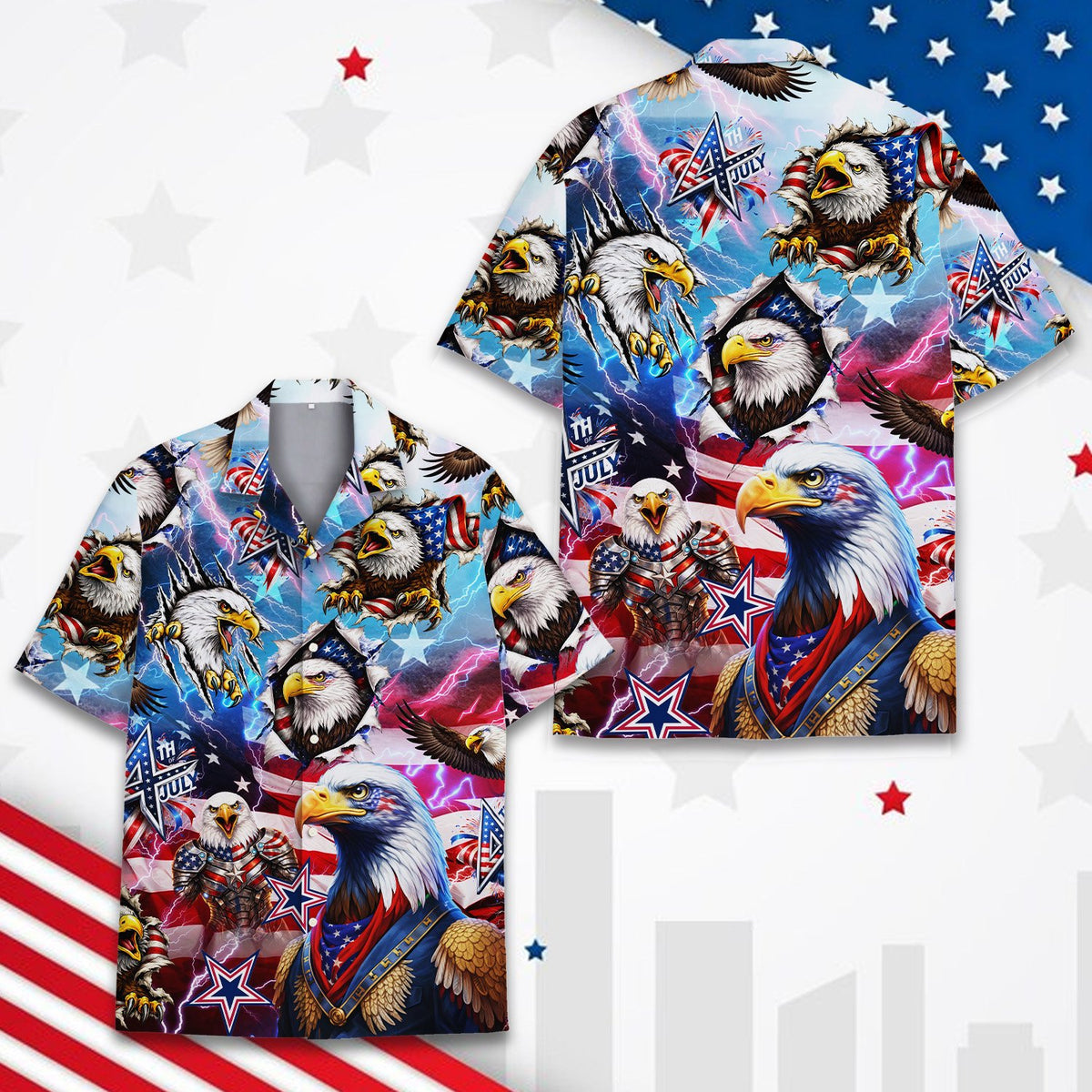 Matching family patriotic bald eagle Hawaiian shirt, front detail view