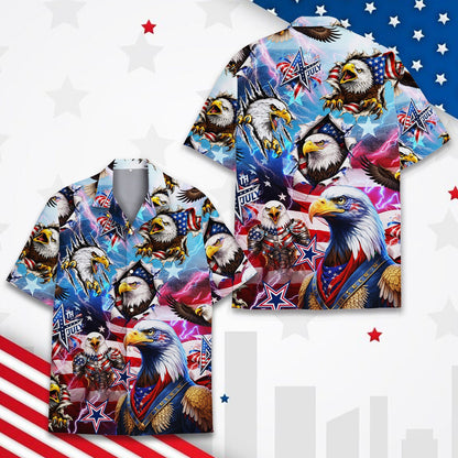 Matching family patriotic bald eagle Hawaiian shirt, front detail view
