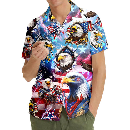 Matching family patriotic bald eagle Hawaiian shirt, front lifestyle view
