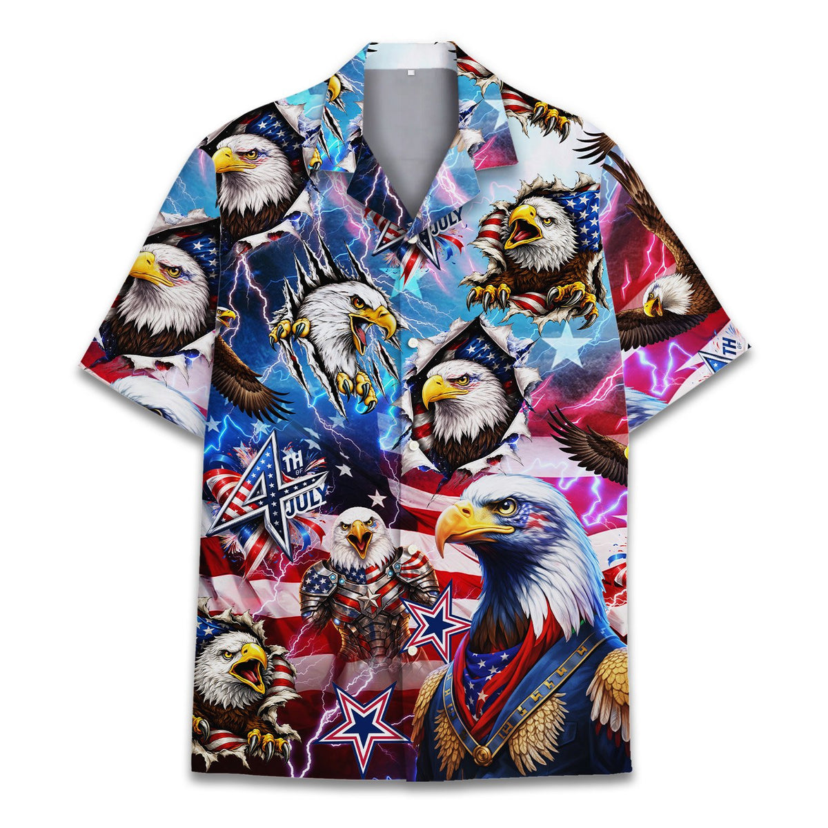 Matching family patriotic bald eagle Hawaiian shirt, close-up front view