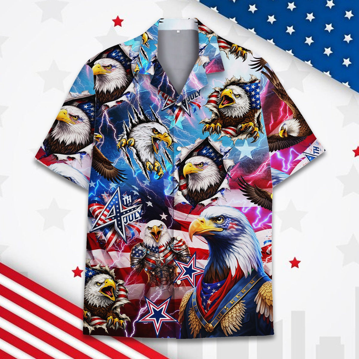 Matching family patriotic bald eagle Hawaiian shirt, front view