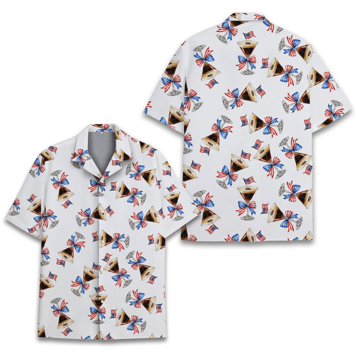 Close-up front view of the patriotic espresso martini hawaiian shirt