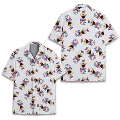 Close-up front view of the patriotic espresso martini hawaiian shirt