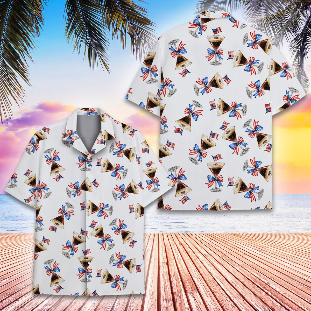 Additional front angle of the white espresso hawaiian shirt