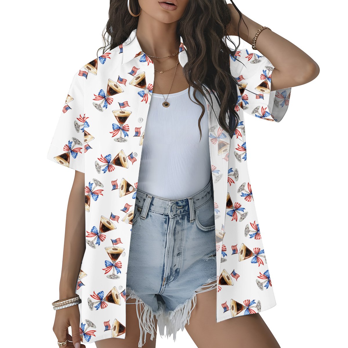 Secondary lifestyle view of an adult wearing the patriotic espresso hawaiian shirt