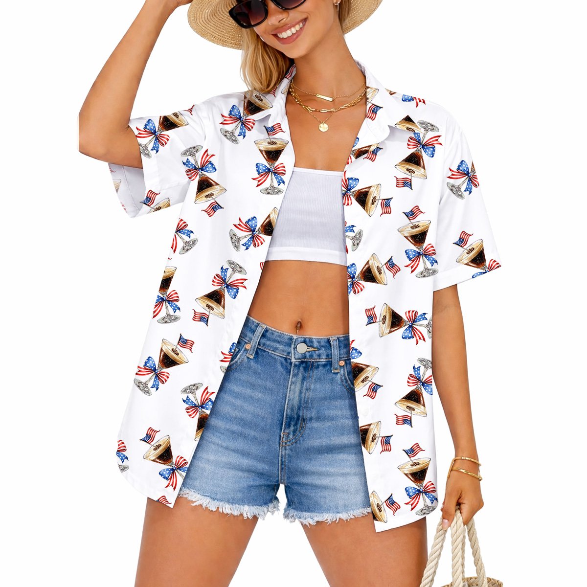 Adult wearing the white patriotic espresso martini hawaiian shirt in a lifestyle setting
